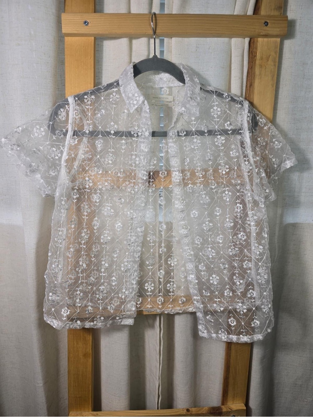 Urban outfitters Sheer Embroidered Short-Sleeve Button-Front Blouse